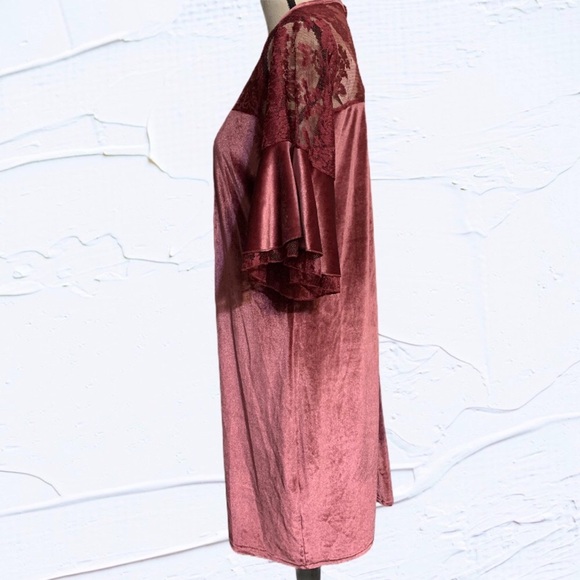 Dark Mauve Pink Velvet Lace Detail Short Ruffle Sleeve Plus Dress NEW - Picture 7 of 12